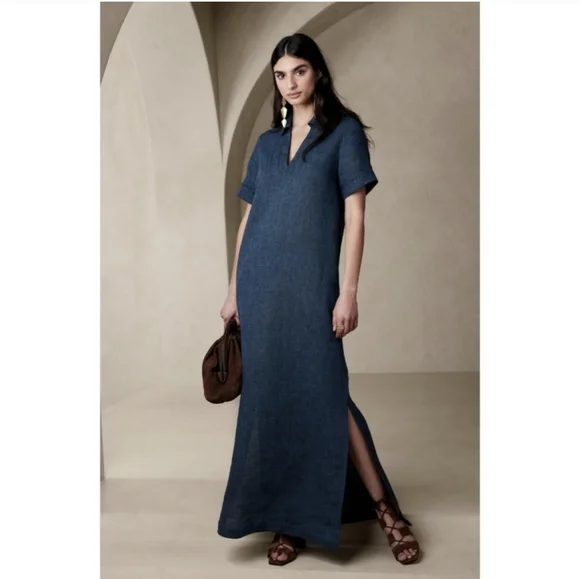 Banana Republic | Dresses | Banana Republic Cruz Linen Maxi Short Sleeve  Indigo Blue Shirtdresss | Poshmark